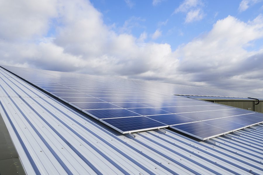 View of large solar panel array on top of an Anglian Water facility