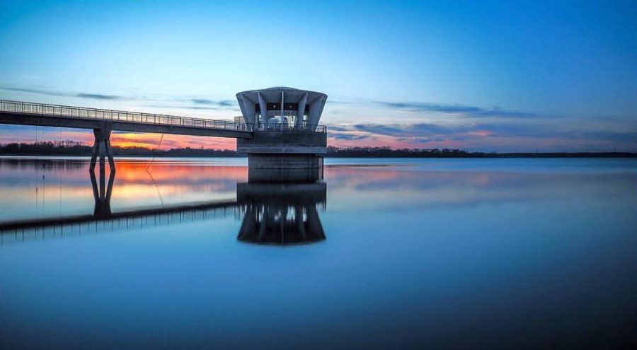 View of Valve Tower at Grafham Water at dusk